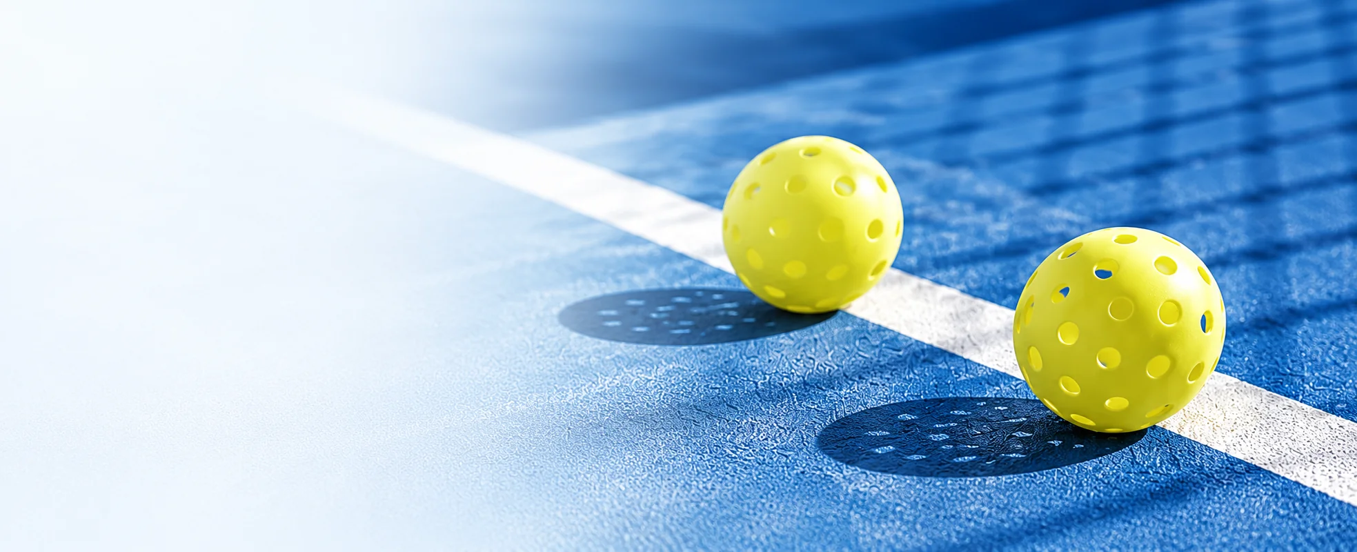 Illustrated editorial scene of two pickleballs on a blue court